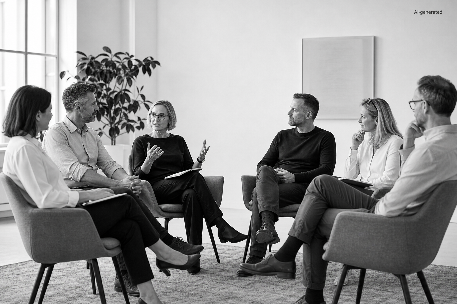 Diverse Team Discussing Company Improvements In Modern Office Diverse Team Discussing Company Improvements In Modern Office